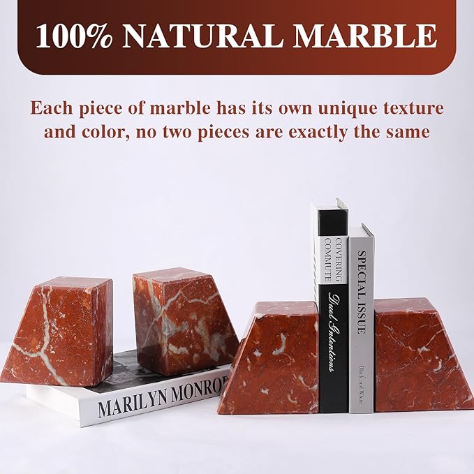 Marble Book Ends Decorative, Unique Bookends for Shelves，Bookends to Hold Heavy Books Durable Book Holder Stopper for Home Office Desk Bookshelf Decoration, Set of 2, Rosso Francia-Ruum Studio Home