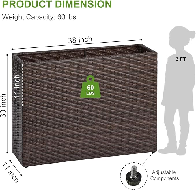 LEWIS&WAYNE Large Rectangular Block Planter Box Handmade Wicker Tall Planters for Outdoor Plants with Removable Liners Modern Planter for Indoor Outdoor Patio Deck - Brown, 38''x11''x30''-Ruum Studio Home