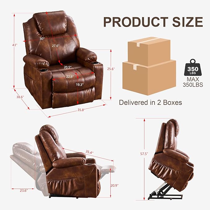 SALOHZA Power Lift Recliner Chair for Elderly with Massage and Heat for Living Room, Electric Recliner Chair for Adults with USB/Type C Port/Cup Holders, PU Faux Leather, Light Brown-Ruum Studio Home