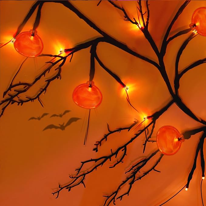 [ 8 Modes & Timer ] Halloween Willow Vine Twig Decor Garland with Pumpkins, 6 FT 54 LED Battery Operated for Indoor Halloween Decorations Home Mantle Fireplace-Ruum Studio Home