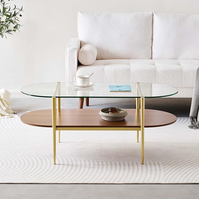 Oval Glass Coffee Table, Mid-Century Modern Design, L41 x W21 x H17 inch, for Living Room, 2-Tier Structure, Clear Glass Top and Walnut Finish Wood Shelf, Conical Legs with Gold Finish Frame-Ruum Studio Home