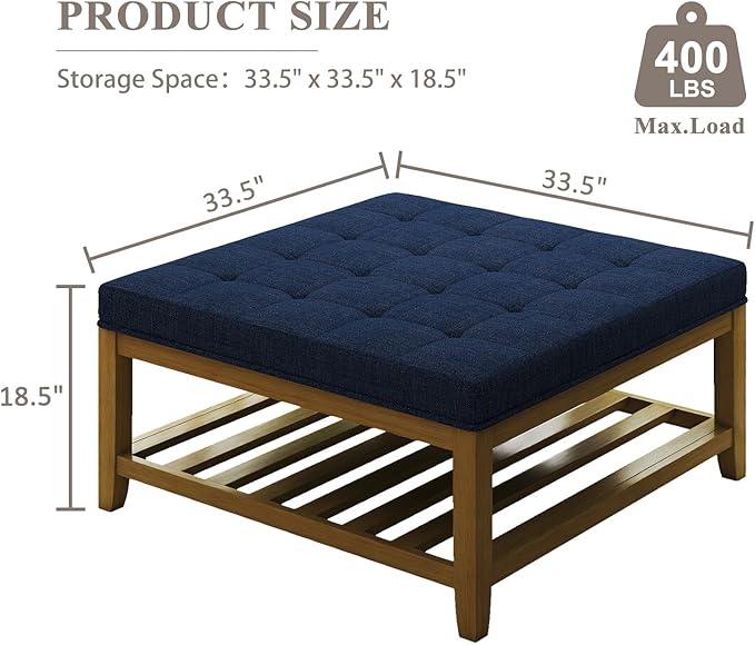 Large Square Ottoman Coffee Table, Linen Solid Upholstered Footrest Ottoman with Solid Wood Shelf Storage Tufted Coffee Table for Bedroom Living Room, Navy Blue-Ruum Studio Home