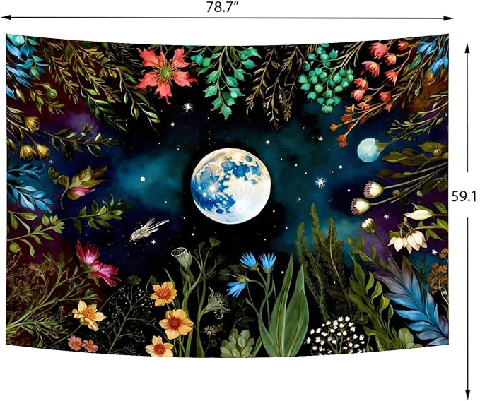 Delur Moonlit Garden Tapestry Boho Moon Floral Plant Tapestry Wall Hanging Colorful Flower Botanical Nature Night Landscape Headboard for Bedroom Living Room Home Decor (59.1" x 78.7")-Ruum Studio Home