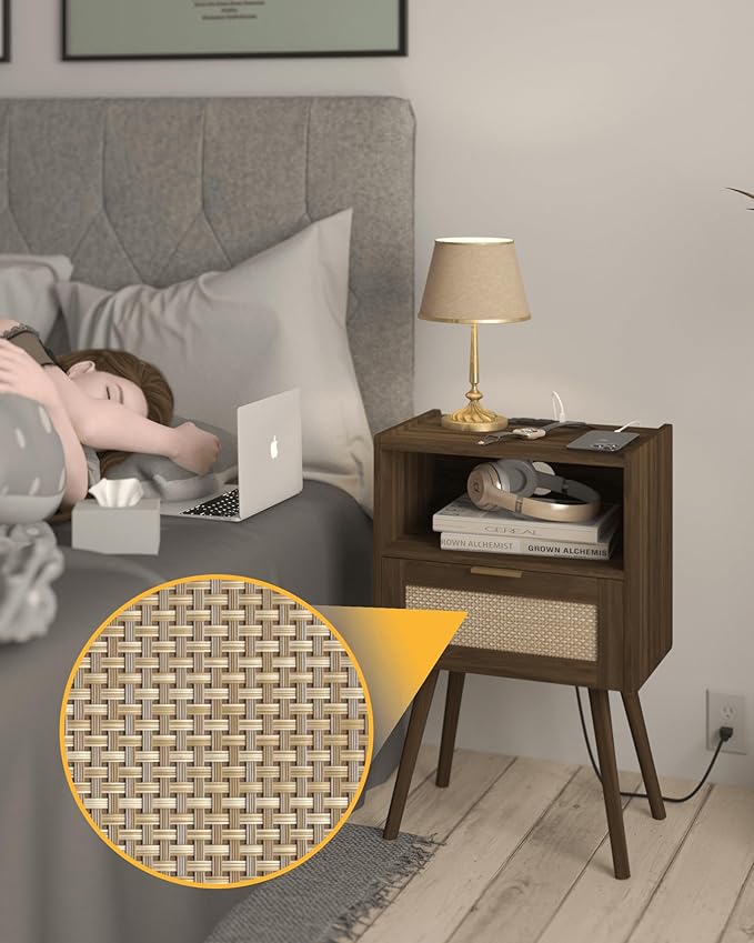 Rattan Nightstand with Outlet,Modern Bedside Table with Storage Drawer and Open Wood Shelf, for Living Room, Bedroom and Small Spaces, Accent Night Stand with Solid Wood Legs,Walnut Brown-Ruum Studio Home