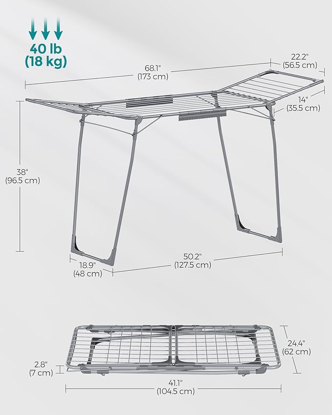 SONGMICS Clothes Drying Rack Foldable, Gullwing Laundry Drying Rack, Space-Saving, 22.2 x 68.1 x 38 Inches, Sock Clips, Metal Structure, for Clothes, Towels, Linens, Indoor, Outdoor Gray ULLR518G01-Ruum Studio Home
