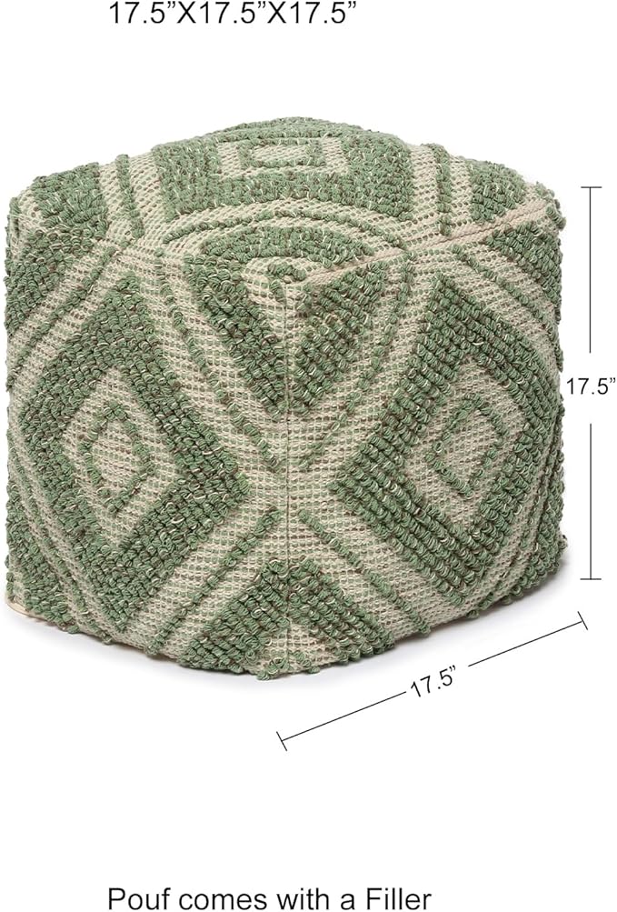 REDEARTH · Tufted Pouf Ottoman with Filler Textured Storage Cube Bean Bag Pouffe Footrest for Living Room, Bedroom, Nursery, Kidsroom; 100% Cotton (17.5"X17.5"X17.5", Solitaire Lozenge Kiwi)-Ruum Studio Home