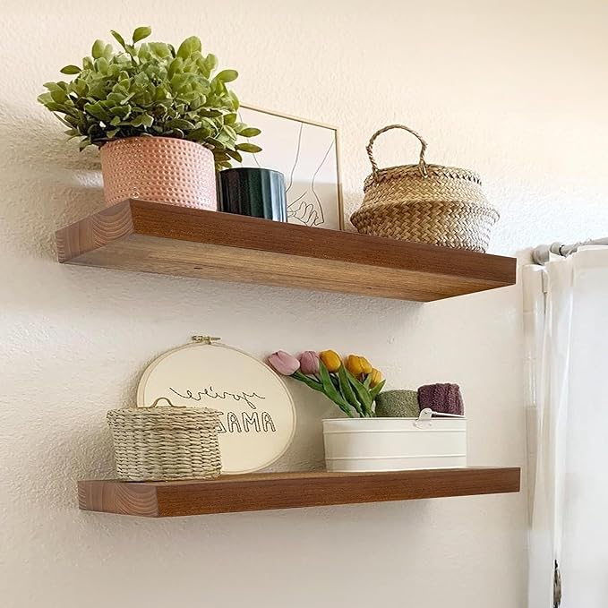 IAE Walnut Floating Wall Shelves 24 inch, Bathroom Shelves Wall Mounted,Invisible Shelves Floating Kitchen Shelves,Wooden Wall Shelves with Brackets for Living Room Wall Mounted,Easy Install,Set of 2-Ruum Studio Home