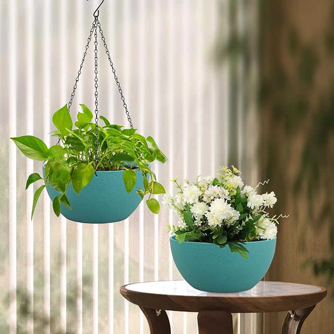 8 inch Small Hanging Planters Plant Pots for Indoor Outdoor Plants, 2 Pack Hanging Flower Pots with Drainage Holes and Chain for Garden, Plastic Hanging Baskets for House Plants, Blue Green-Ruum Studio Home