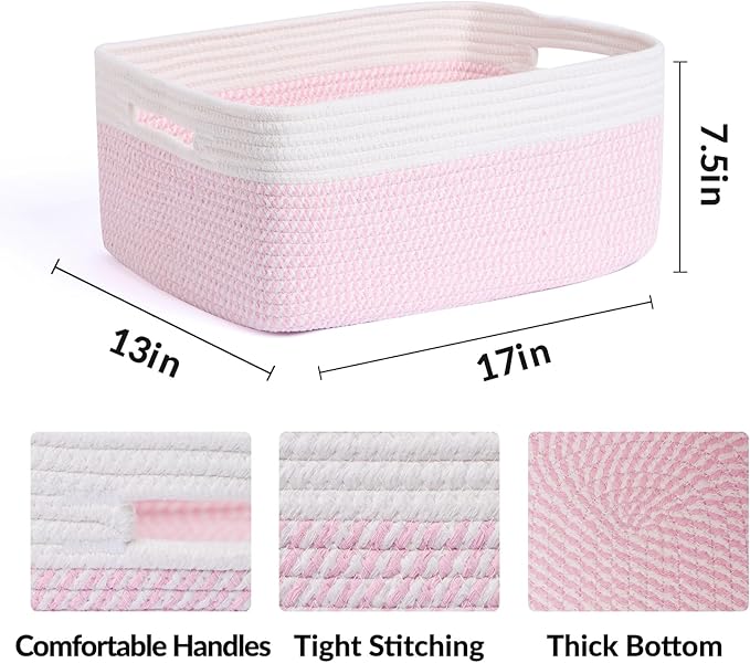 Large Storage Baskets for Shelves, Closet Organizers Bins for Clothes Blanket Towels, Baby Nursery, Toy Baskets Box, Woven Rope Baskets, 17 x 13 x 7.5”, 3 Packs Woven Pink-Ruum Studio Home