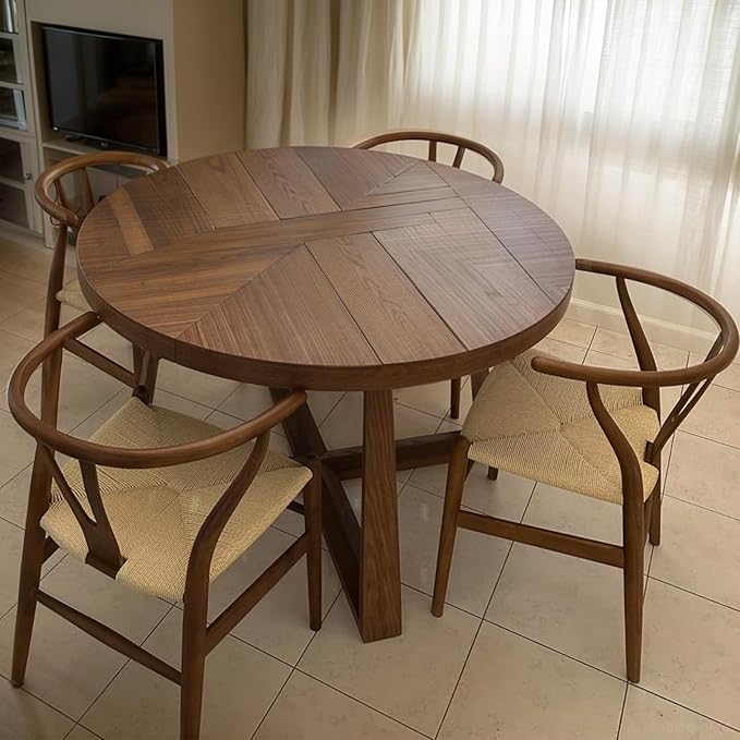 Wishbone Chair Natural Solid Wood Dining Chair/Hans Vegner Y Chair Rattan and Wood Accent Armrest Chairs Set of 4(Ash Wood - Walnut)-Ruum Studio Home