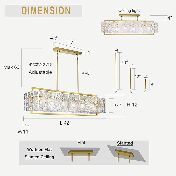 IKK Modern Rectangle Gold Crystal Chandeliers for Dining Room, 42" Large Rectangular Water Ripple Glass Island Light Fixture, Elegant Linear Lighting for Kitchen Island, Living Room, L42 x W11 x H12-Ruum Studio Home