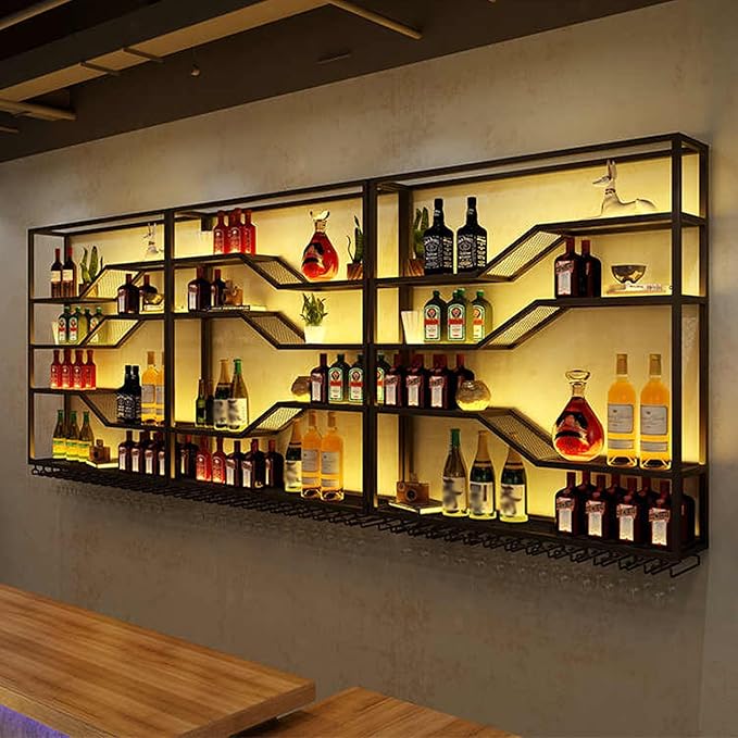 94.4in Wall Mounted Wine Rack with LED Light, 5-Tiers Liquor Bottles Display Shelf with Glasses Holder, Metal Home Bar Shelves with Industrial Iron Frame for Kitchen (Black, 94.4in/7.87ft)-Ruum Studio Home