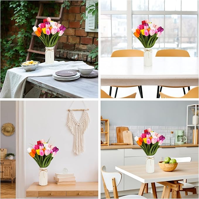 27pcs Colorful Artificial Flowers Tulips, Tulips with 1pc Plastic Vase, Fake Flowers Real Touch Flower 13.9", Christmas, Mother's Day, Easter, Valentine's Day, Family Kitchen, Wedding Decorations-Ruum Studio Home