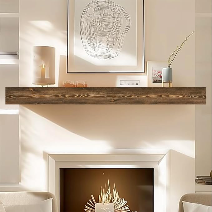 72x8x3 Fireplace Mantel - Handcrafted Hollow Rustic Solid Wood Wall Mounted Floating Shelf with Invisible Heavy Duty Wood Bracket (Weathered Brown)-Ruum Studio Home