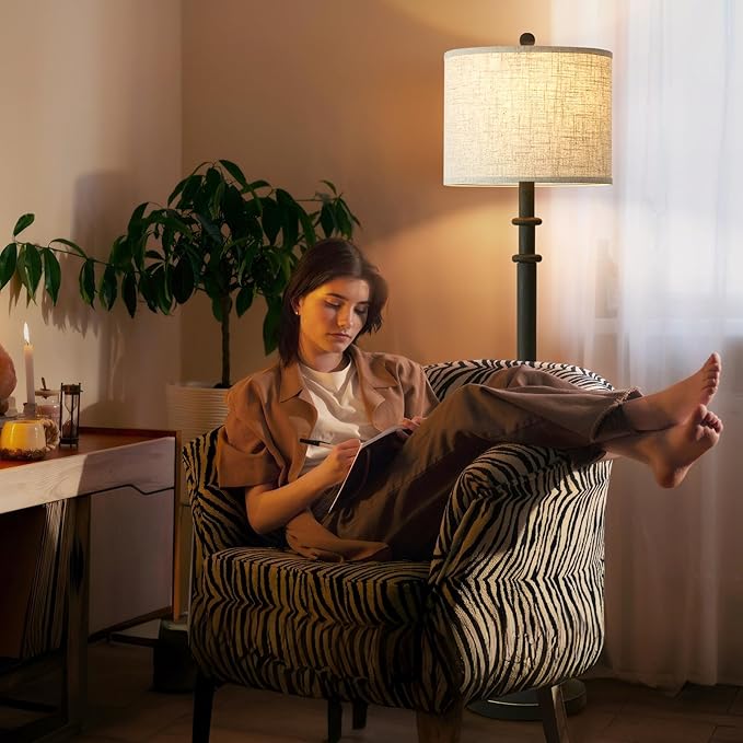 Floor Lamps for Living Room - 60" Resin Farmhouse Floor Lamp with 3 Color Temperatures - Vintage Standing Lamp Reading Light with Linen Shade Retro Tall Lamp for Bedroom Office, Black-Ruum Studio Home