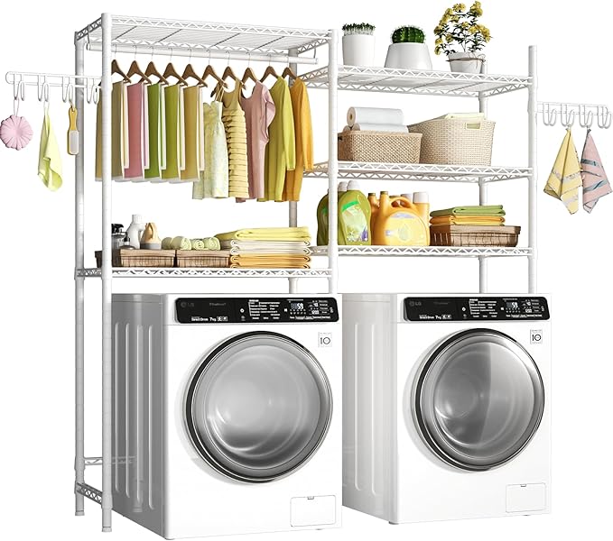 Ulif U6 Clothes Drying Rack, 5-Tier Over Washer and Dryer Laundry Room Storage and Organizer, Heavy-Duty Space Saver, 65.3" W x 13.4" D x 77.5" H, White-Ruum Studio Home