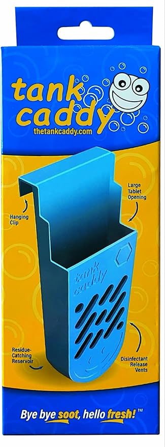 The Tank Caddy is a carrier that hangs inside your toilet tank, while trapping the soot that remains as blue and bleach tablets dissolve.-Ruum Studio Home