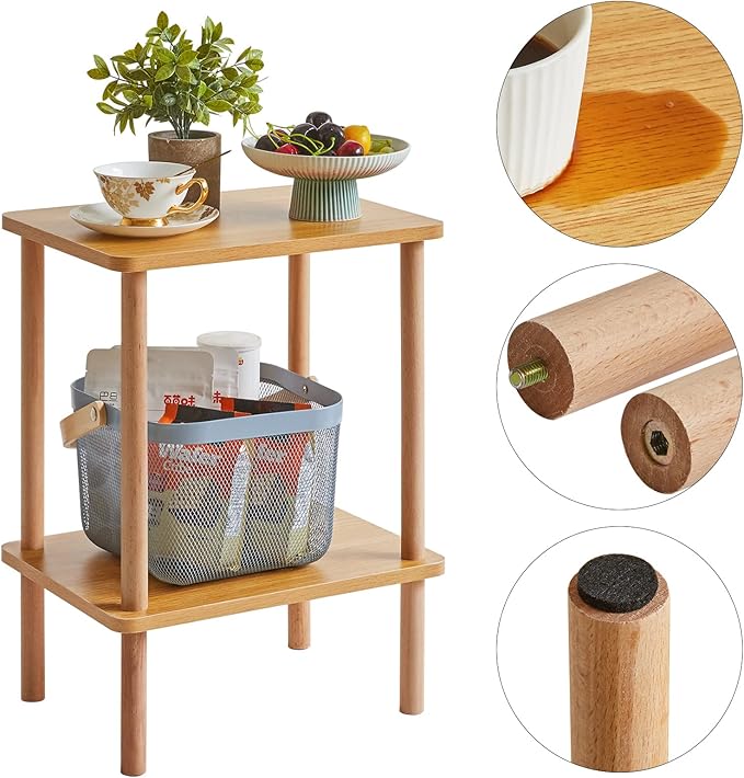 IBUYKE 2-Tier Side Table, Solid Wood Tall End Table with Storage Shelves, Nightstand Bedside Table for Living Room Bedroom Office, No-Tool Assembly, Natural UWST002N-Ruum Studio Home