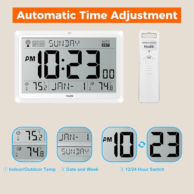 Wall Clock Atomic with Indoor Outdoor Temperature Battery Powered, Easy Reading with 10.5 Inch Large LCD Display, 330FT Range Table Wall Clock with DST, 12/24 Hour for Living Room Kitchen (White)-Ruum Studio Home