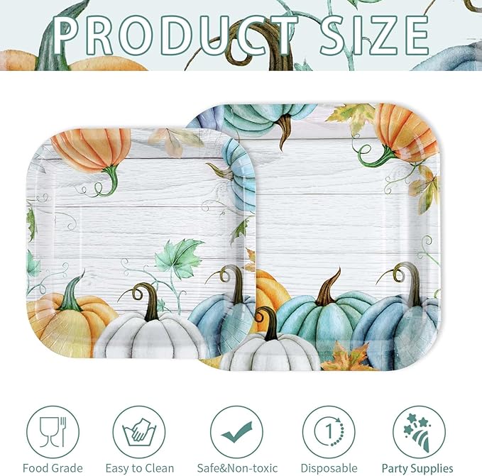 Grencian 200Pcs Fall Plates and Napkins Square Blue Pumpkins Plate Thanksgiving Paper Plates Pumpkin Wood Grain Dinnerware for Baby Shower Fall Harvest Family Thanksgiving Party Decorations, Serves 50-Ruum Studio Home