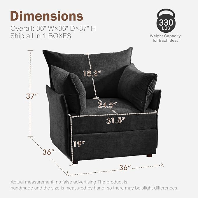 Oversized Accent Chair, Upholstered Modern Sofa Chair with Removable Backrest & Detachable Cover, 24.5" Deep Seat Large Reading Armchair for Living Room Bedroom Office - Chenille Black Set of 1-Ruum Studio Home
