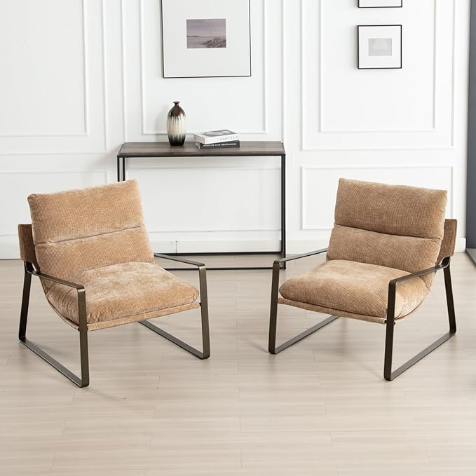 DUOMAY Mid-Century Accent Chairs Armchair Set of 2, Comfy Chenille Leisure Chairs Lazy Chairs with Brozen Metal Leg for Living Room Bedroom Office Apartment, Khaki-Ruum Studio Home