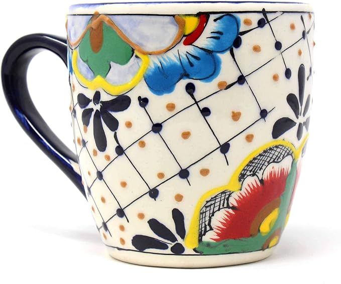 Encantada Handmade Hand-Painted Authentic Mexican Pottery Mugs (1-Pack, Dots & Flowers)-Ruum Studio Home