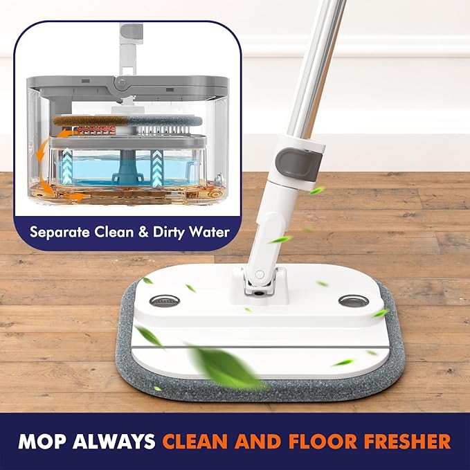 Upgraded Spin Mop and Bucket Self-Standing Mop Bucket Separate Dirty and Clean Water System Self Wringing 360° Rotating Clean Mop and Bucket Set (Light Gray, 10Pads Mop and Bucket Set)-Ruum Studio Home