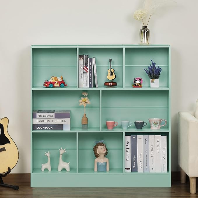 LEYAOYAO 8 Cube Bookshelf with Base,3 Tier Modern Mint-Green Kids Bookcase,Standing Wide Bookshelves Storage Organizer Toy Shelf,Wood Display Children's Book Shelves for Bedroom,Living Room,Nursery-Ruum Studio Home