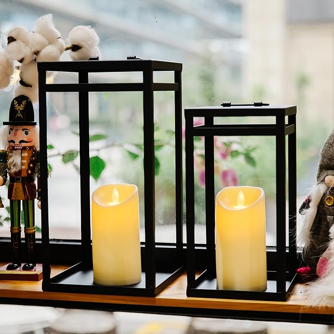 HPC Decor Black Metal Candle Lanterns Set of 2- Lanterns Decorative w/ LED Timer Candles- 15.8'' & 12.6'' Chunky Modern Farmhouse Lantern Decor for Indoor,Outdoor,Fireplace,Porch (No Glass)-Ruum Studio Home
