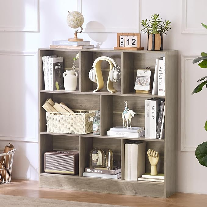 LEYAOYAO 8 Cube Bookshelf with Base,3 Tier Mid-Century Modern Grey Bookcase,Standing Wide Bookshelves Storage Organizer Shelf,Rustic Wood Display Cabinet Book Shelves for Bedroom,Living Room,Office-Ruum Studio Home