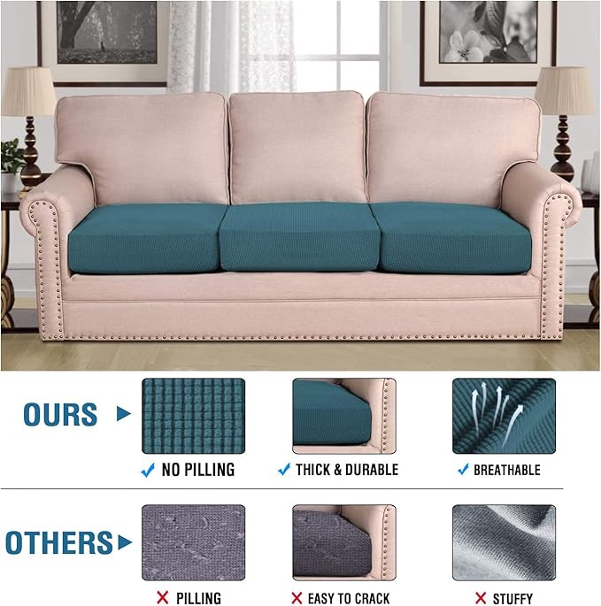 H.VERSAILTEX Super Stretch Individual Seat Sofa Covers Couch cushion covers Slipcover Sets Thick Jacquard Textured Twill Fabric (3 Piece Sofa cushion covers, Deep Teal)-Ruum Studio Home