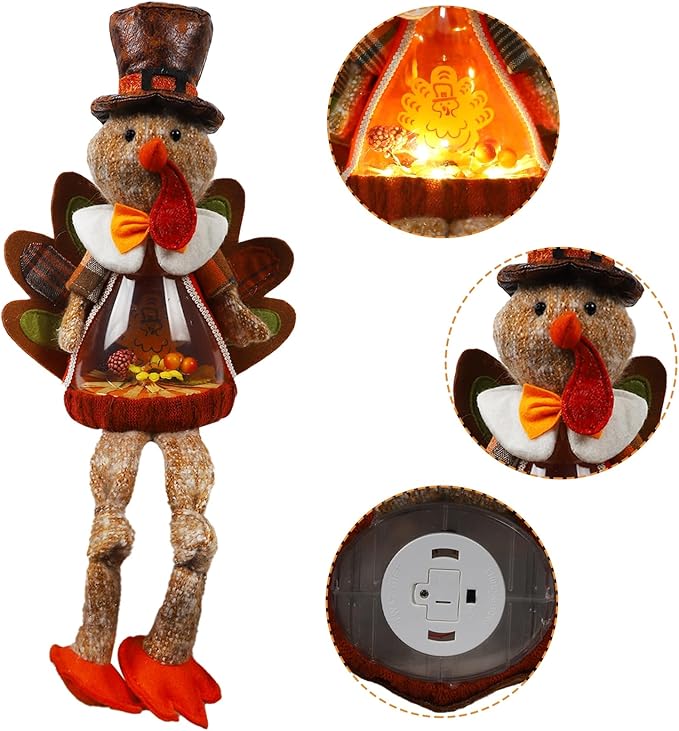 Lighted Christmas Doll, Plush Light Up Christmas Doll Toy Holiday Present, Battery Operated Xmas Gifts Winter Mantle Tabletop Decor (Brown Thanksgiving Turkey 16in)-Ruum Studio Home