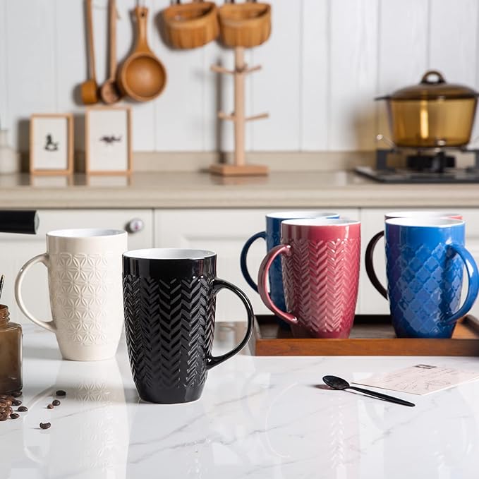 AmorArc Large Coffee Mugs Set of 6, 20oz Ceramic Tall Coffee Mugs Set with Textured Geometric Patterns for Latte/Tea/Beer/Hot Cocoa, Dishwasher & Microwave Safe, Black-Ruum Studio Home