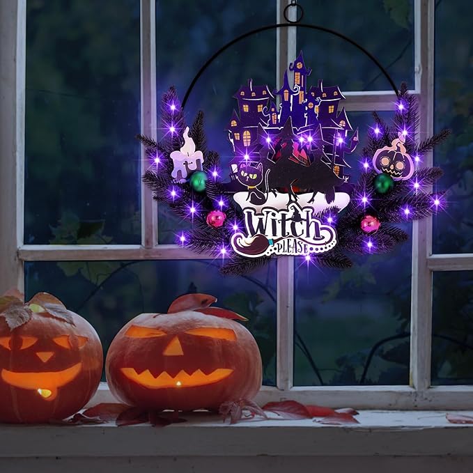 Lighted Halloween Wreaths for Front Door, Welcome Metal Wooden Door Wreath Decor Hanging Sign, 30 LED Lighted Wall Decor Battery Operated for Halloween Indoor Outdoor (Witch)-Ruum Studio Home