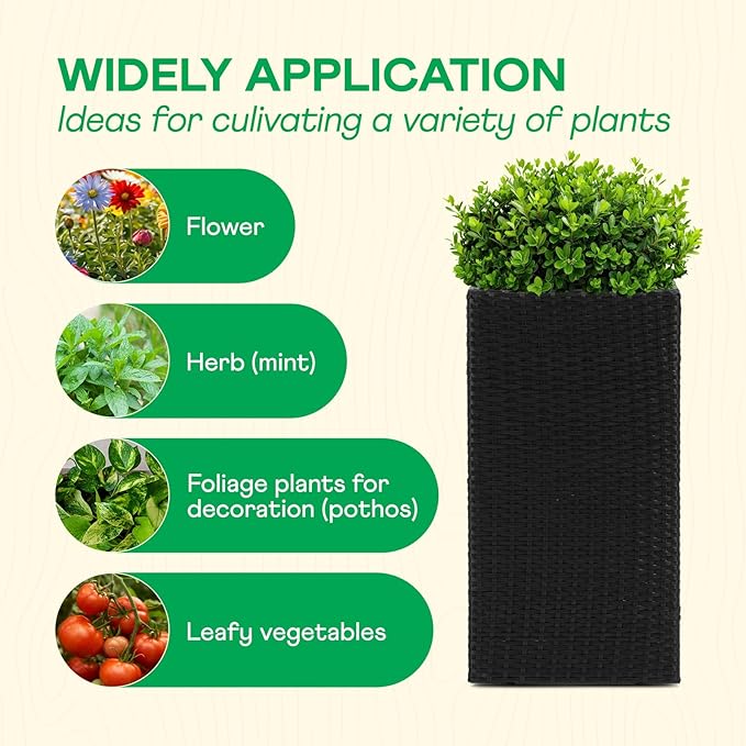 IDZO All-Weather Wicker Planters, Set of 2, 24 in Tall Wicker Planters, Self-Watering with Drainage, Durable PP Material, Raised Garden Bed Alternative, Indoor Outdoor Use, Modern Rattan Design-Ruum Studio Home