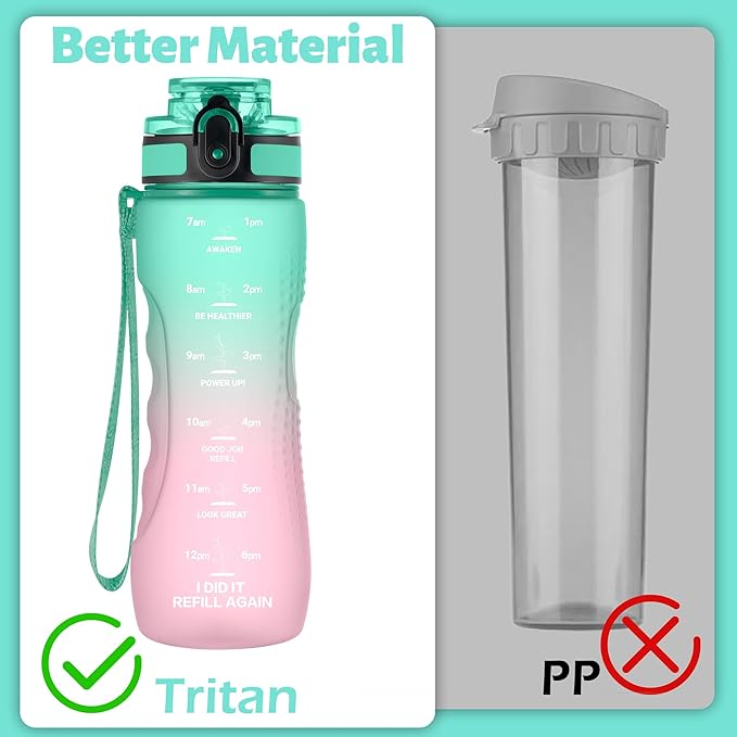 OLDLEY 25 oz Motivational Water Bottle, Sports Water Bottle with Strap, Leakproof BPA Free Large Water Bottles for School, Gym, Travel, Outdoor, Tritan, Green&Pink-Ruum Studio Home