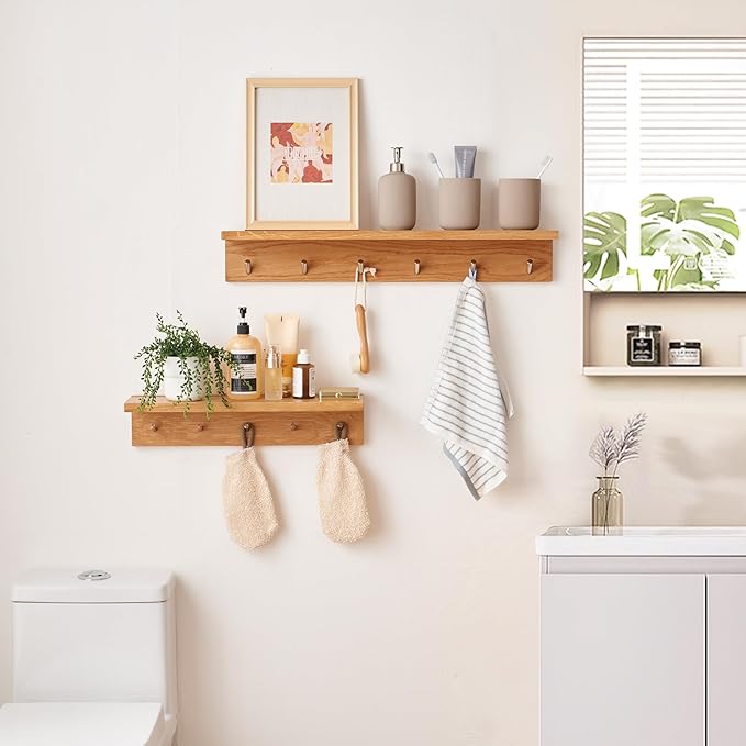 Oak Wood Wall Shelf with 5 Hooks, Entryway Shelf Coat Rack with Hooks Floating Shelves with Hooks for Clothes Hats Towel Purse Robes, Bathroom Mudroom Bedroom (20 inch)-Ruum Studio Home