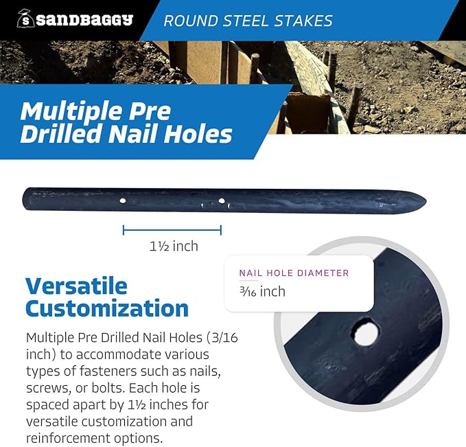 Sandbaggy Round Steel Concrete Form Stakes with Nail Holes - Rust Resistant Coating - Removable, Reusable (80, 3/4 in X 12 in)-Ruum Studio Home