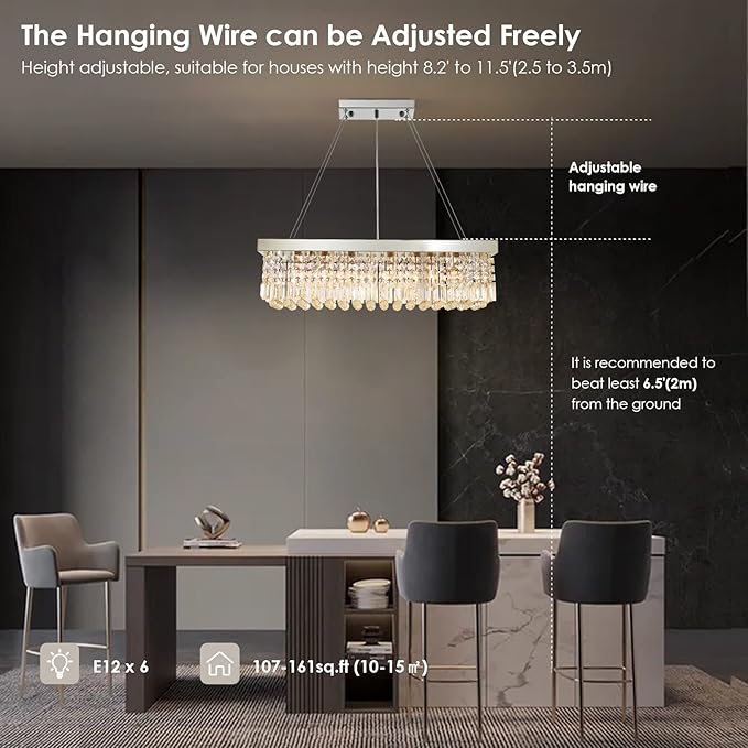 Siljoy 6-Light Modern Crystal Chandelier for Dining Room, Rectangular K9 Crystal Raindrop Chandelier, Rectangle Pendant Ceiling Light Fixture for Living Room Kitchen Island L31.5'' x W10'' x H10''-Ruum Studio Home