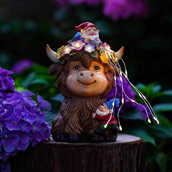 Solar Highland Cow Outdoor Statues for Garden: Outside Decor with Funny Gnomes Clearance for Yard Art Lawn Ornaments Porch Patio Balcony Home House - Birthday Gifts for Grandma Mom Women(Cow Gnome)-Ruum Studio Home