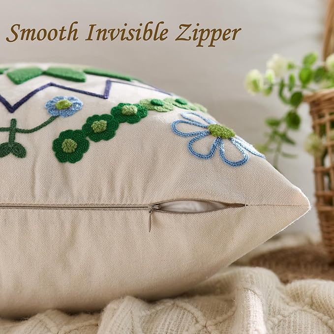 Embroidered Throw Pillow Cover 18x18 Classic Boho Floral Pattern Pillows Cover Outdoor Decorative Pillowcase,Durable Cozy Textured Cushion Case for Sofa Couch Bed Living Room,Green-Ruum Studio Home