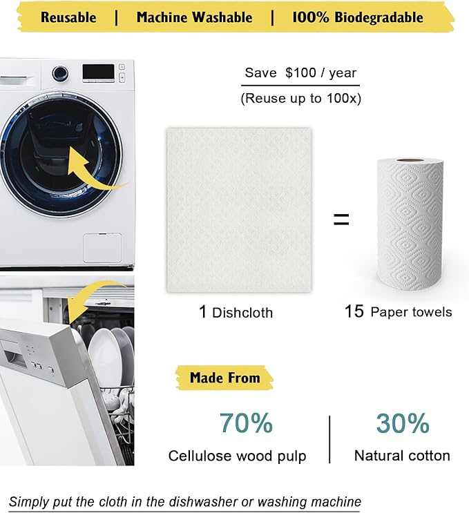 Swedish Dishcloths for Kitchen | 6 Pack Absorbent Cellulose Sponge Cloths Washable | Non-Scratch Reusable Paper Towels Quick Drying Cleaning Cloths - White-Ruum Studio Home