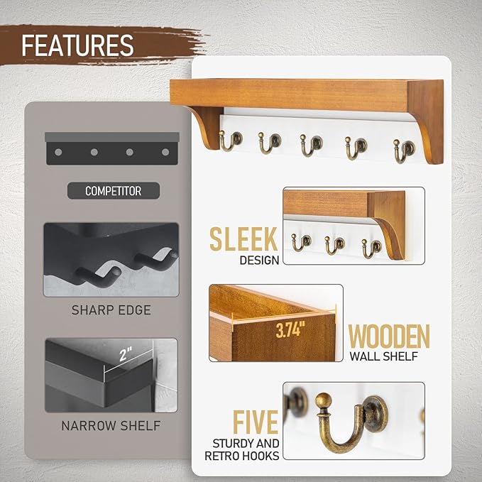 Rebee Vision Key and Mail Holder for Wall with Shelf - Farmhouse House Decor with 5 Rustic Keys Hooks and Decorative Mail Organizer Wall Mount - Decorative Apartment Essentials (Light Brown & White)-Ruum Studio Home