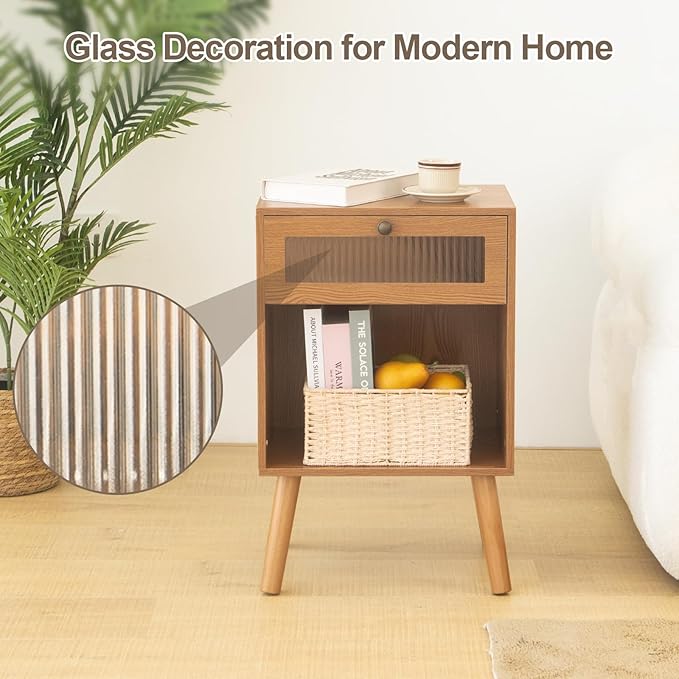 AWASEN Mid Century Nightstand, Bedside Table with Glass Storage Drawer and Large Open Shelf, Modern Night Stand Side End Table with Solid Legs for Bedroom, and Small Space, Brown-Ruum Studio Home