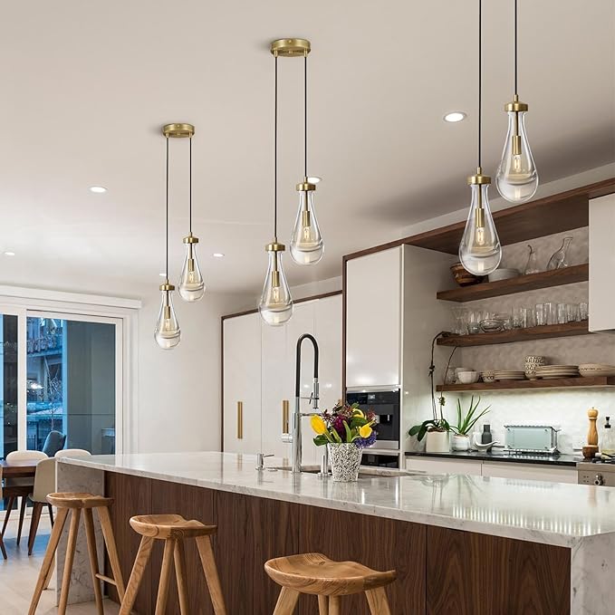 Brass Raindrop Pendant Lights Kitchen Island 2-Light, Cluster Gold Pendant Light Fixture for Bedroom, Dimmable Dining Room Light Fixture Hanging Pendant Lighting Ceiling Chandelier for Foyer-Ruum Studio Home