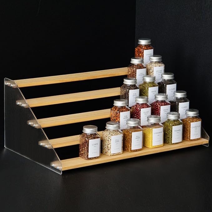 nianfeng Tiered Spice Rack, 5-Tier Spice Pantry Kitchen Cabinet Organizer, 19.9-Inch, Natural Wood Acrylic Stair Riser Stand, Countertop Seasoning Shelf-Ruum Studio Home