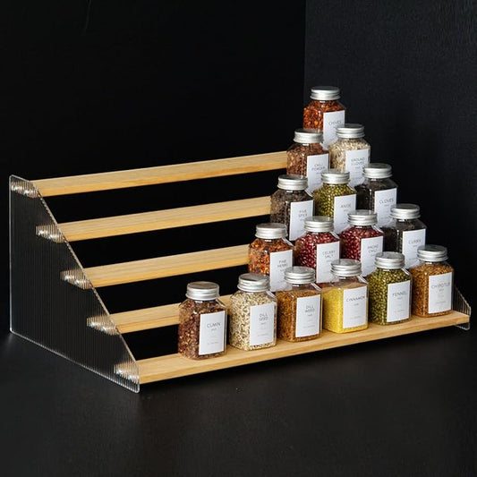 nianfeng Tiered Spice Rack, 5-Tier Spice Pantry Kitchen Cabinet Organizer, 19.9-Inch, Natural Wood Acrylic Stair Riser Stand, Countertop Seasoning Shelf-Ruum Studio Home
