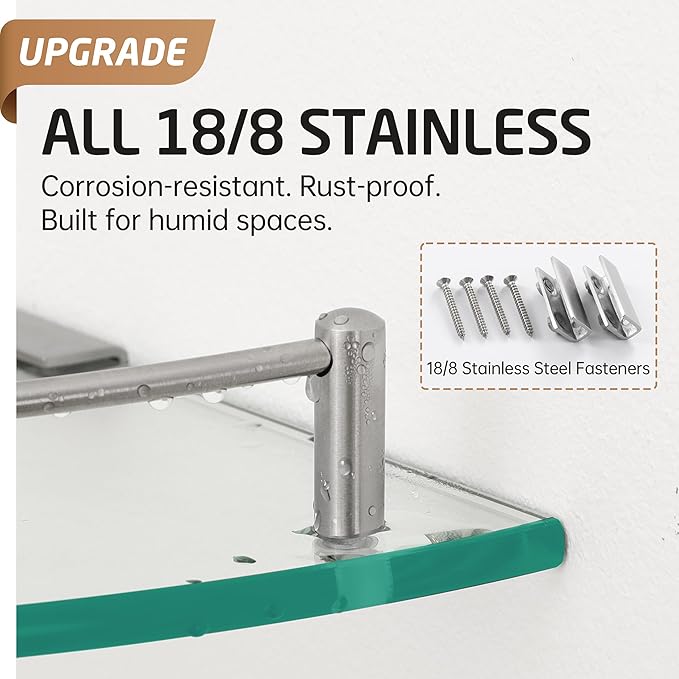 KES Glass Corner Shelf for Bathroom Corner Shelf 2 Pack Tempered Glass Shelf with Rail SUS 304 Stainless Steel Wall Mounted Brushed Finish, BGS2101A-2-P2-Ruum Studio Home