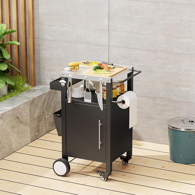 KEIKI Outdoor Grill Cart with Storage and Wheels, Rolling BBQ Prep Table with Spice Rack, Hooks, and Side Handles, Black Metal Bar Cart for Patio Kitchen and Grilling Accessories-Ruum Studio Home